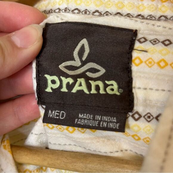 prAna Creme Yellow Brown 100% Organic Cotton Striped Camp Button Up Shirt Sz M - Picture 5 of 6